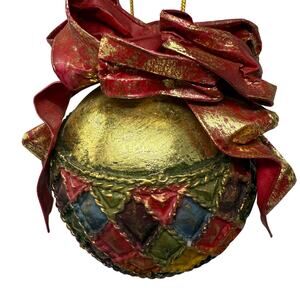 Vintage 90s Harlequin Paper Mache Christmas Ornament Ball with Red Bow